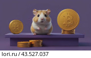 Cartoon hamster on purple platform with Bitcoin coins on Vibrant Pink and Blue Background. Hamster kombat game on cryptocurrency mining, concept of mini games on cryptocurrency earning. Стоковое AI-видео, аниматор Терехова Марина / Фотобанк Лори