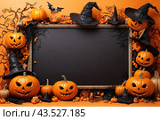 Autumn poster made of pumpkins, hats and Halloween attributes with copy space. Стоковое AI-изображение, AI-художник Мария Мороз / Фотобанк Лори