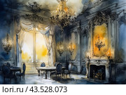 A luxurious room in a classical style, probably a palace or ancient aristocratic drawing room. The room is decorated with magnificent chandeliers and sconces, graceful draped curtains and elegant furniture with carved backs and legs. In the center of the room there are two round tables with several chairs around. To the right is a fireplace decorated with candles. The light entering through the large windows illuminates the room, creating a warm and cozy atmosphere. Стоковое AI-изображение, AI-художник Анна Кривицкая / Фотобанк Лори