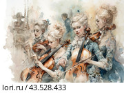 A group of young women in elegant vintage dresses playing violins and cellos. The composition is made in watercolor technique with soft pastel shades, which gives the image an atmosphere of tenderness and sophistication. The background of the image is blurred, with architectural elements and figures, which creates a feeling of depth and space. The whole image conveys a sense of harmony and beauty of music, as well as the elegance and sophistication of the era. Стоковое AI-изображение, AI-художник Анна Кривицкая / Фотобанк Лори