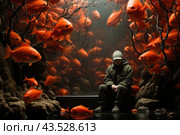 A man in a gray hood and jacket sitting in a dark room. Numerous bright orange fish swim around it among branchy corals. The light falls from above, creating a mysterious atmosphere. The person looks thoughtful and a little sad, his surroundings seem surreal and mystical. Fish and corals create the effect of an underwater world, although in reality it could just be an art installation or a fantasy scene. Стоковое AI-изображение, AI-художник Анна Кривицкая / Фотобанк Лори