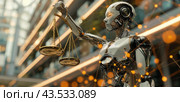 AI Robot Holding Scales of Justice in Front of Digital Cityscape. Стоковое AI-изображение, AI-художник Юлия Гапеенко / Фотобанк Лори