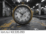 A mechanical alarm clock with a battered case and a scratched dial. The clock sits on a shabby surface in a room that resembles an abandoned factory or workshop. There is twilight all around, partially destroyed walls and columns are visible, and interior elements are out of focus in the background. The clock, despite its dilapidated appearance, continues to tick, symbolizing the inevitable passage of time even in the most unfavorable conditions. Стоковое AI-изображение, AI-художник Анна Кривицкая / Фотобанк Лори