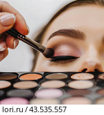 With a makeup brush, the cosmetologist applies eye shadow to the girl's eyelids. In the foreground is a tablet with shadows. The concept of makeup. Стоковое AI-изображение, AI-художник Ярославский Максим / Фотобанк Лори