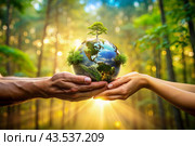 Female and male hands hold a small model of the Earth. Revival. Caring for the planet, ecological awareness and the unity of people in nature conservation. Стоковое AI-изображение, AI-художник Photojuli / Фотобанк Лори