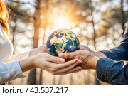Female and male hands hold a small model of the Earth. Revival. Caring for the planet, ecological awareness and the unity of people in nature conservation. Стоковое AI-изображение, AI-художник Photojuli / Фотобанк Лори