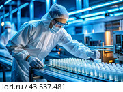 Production of medicines. A pharmacist checks medical vials on an automatic conveyor of a pharmaceutical factory production line using artificial intelligence. Стоковое AI-изображение, AI-художник Photojuli / Фотобанк Лори
