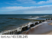View of the Baltic Sea and wooden breakwaters of the city beach on a summer day, Svetlogorsk, Kaliningrad region, Russia. Стоковое фото, фотограф Ula Ulachka / Фотобанк Лори