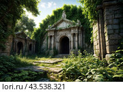 Abandoned crypt with ruined door and inscriptions on stone in old cemetery covered greenery. Atmosphere of beauty of nature with ancient churchyard. Mystery and secrecy concept. Copy ad text space. Стоковое AI-изображение, AI-художник Aleksandr Golubev / Фотобанк Лори