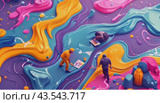 Three people paint on a canvas of colorful, swirling paint. Стоковое AI-видео, аниматор Данила Большаков / Фотобанк Лори