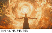 A woman stands with arms outstretched in front of a swirling, fiery vortex in a forest. Стоковое AI-видео, аниматор Данила Большаков / Фотобанк Лори