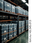 Warehouse in factory. Interior view of storage facility, featuring multiple rows of shelving units with plastic containers, at manufacture plant. Product production poster concept. Copy ad text space. Стоковое AI-изображение, AI-художник Aleksandr Golubev / Фотобанк Лори