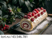 Swiss sponge roll with raspberries, a delicious fruit and cream dessert filled with cream cheese, decorated with fresh raspberries. Стоковое AI-изображение, AI-художник Photojuli / Фотобанк Лори