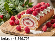 Swiss sponge roll with raspberries, a delicious fruit and cream dessert filled with cream cheese, decorated with fresh raspberries. Стоковое AI-изображение, AI-художник Photojuli / Фотобанк Лори