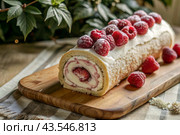 Swiss sponge roll with raspberries, a delicious fruit and cream dessert filled with cream cheese, decorated with fresh raspberries. Стоковое AI-изображение, AI-художник Photojuli / Фотобанк Лори