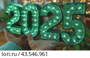 Happy new year 2025 holiday background with numbers 2025. Glittering 2025 green 3D text on festive background, greeting card, Christmas and new year celebration, holiday season, sparkling light. Стоковое AI-видео, аниматор Ирина Михайличенко / Фотобанк Лори