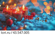 Christmas candles and lights with text 2025 against a festive blurred background. Slow motion footage. Holiday concept. Стоковое AI-видео, аниматор Ирина Михайличенко / Фотобанк Лори