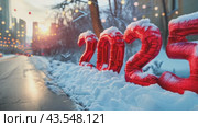 New Year 2025 celebration. Red foil balloons 2025 on snowy decorated city street, festive background, christmas video and greeting card, holiday season celebration. Стоковое AI-видео, аниматор Ирина Михайличенко / Фотобанк Лори