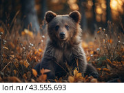 A cute little bear cub sitting among the autumn yellow foliage. Animal hunting. Poaching. Стоковое AI-изображение, AI-художник Photojuli / Фотобанк Лори