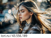 A beautiful, young woman with a thoughtful look. The hair develops in the wind and gives a feeling of lightness and naturalness. Стоковое AI-изображение, AI-художник Photojuli / Фотобанк Лори