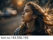 A beautiful, young woman with a thoughtful look. The hair develops in the wind and gives a feeling of lightness and naturalness. Стоковое AI-изображение, AI-художник Photojuli / Фотобанк Лори