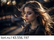 A beautiful, young woman with a thoughtful look. The hair develops in the wind and gives a feeling of lightness and naturalness. Стоковое AI-изображение, AI-художник Photojuli / Фотобанк Лори