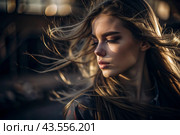 A beautiful, young woman with a thoughtful look. The hair develops in the wind and gives a feeling of lightness and naturalness. Стоковое AI-изображение, AI-художник Photojuli / Фотобанк Лори
