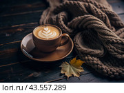 A seasonal drink. Delicious hot cappuccino in a mug with a saucer and a knitted snood, a scarf on a wooden table in the interior of the cafe. It's a rainy autumn day. Стоковое AI-изображение, AI-художник Photojuli / Фотобанк Лори