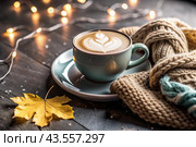 A seasonal drink. Delicious hot cappuccino in a mug with a saucer and a knitted snood, a scarf on a wooden table in the interior of the cafe. It's a rainy autumn day. Стоковое AI-изображение, AI-художник Photojuli / Фотобанк Лори