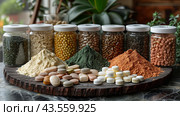 Various Supplements and Powders Displayed on Wooden Cutting Board. Стоковое AI-изображение, AI-художник Сергей Толмачёв / Фотобанк Лори