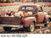 Autumn, autumn design. A large harvest of pumpkins on the back seat of a retro pickup truck, close-up. Стоковое AI-изображение, AI-художник Photojuli / Фотобанк Лори