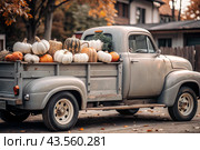 Autumn, autumn design. A large harvest of pumpkins on the back seat of a retro pickup truck, close-up. Стоковое AI-изображение, AI-художник Photojuli / Фотобанк Лори