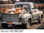 Autumn, autumn design. A large harvest of pumpkins on the back seat of a retro pickup truck, close-up. Стоковое AI-изображение, AI-художник Photojuli / Фотобанк Лори