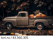 Autumn, autumn design. A large harvest of pumpkins on the back seat of a retro pickup truck, close-up. Стоковое AI-изображение, AI-художник Photojuli / Фотобанк Лори