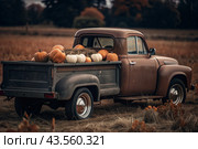 Autumn, autumn design. A large harvest of pumpkins on the back seat of a retro pickup truck, close-up. Стоковое AI-изображение, AI-художник Photojuli / Фотобанк Лори
