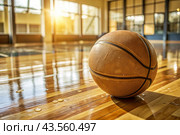 A basketball on the floor of a basketball court. The ball is in close-up. Стоковое AI-изображение, AI-художник Photojuli / Фотобанк Лори