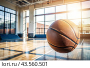 A basketball on the floor of a basketball court. The ball is in close-up. Стоковое AI-изображение, AI-художник Photojuli / Фотобанк Лори