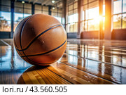 A basketball on the floor of a basketball court. The ball is in close-up. Стоковое AI-изображение, AI-художник Photojuli / Фотобанк Лори