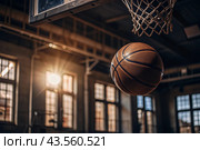 A basketball is flying into the ring on the basketball court. A goal. The ball is in close-up. Стоковое AI-изображение, AI-художник Photojuli / Фотобанк Лори