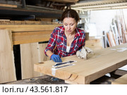 Sad and confused female employee examines defects on wooden board. Стоковое фото, фотограф Яков Филимонов / Фотобанк Лори