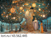 A fairytale-style scene where a group of people have gathered under a large, old tree decorated with glowing balls and lanterns. The tree emits a soft, warm light, creating a magical atmosphere. People are dressed in outfits reminiscent of the medieval era, with long dresses and capes. The focus is on a woman dressed in white, standing by a tree and holding a glowing ball, as if performing a magical ritual. Around her are several children and adults who look at her with admiration and curiosity. In the distance, architectural elements can be seen, giving the scene depth and historical atmosphere. Стоковое AI-изображение, AI-художник Анна Кривицкая / Фотобанк Лори