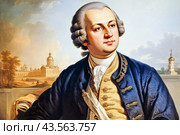 Портрет. Михаил Васильевич Ломоносов – первый русский выдающийся ученый, профессиональный исследователь природы на старой антикварной картине, выполненной масляными красками. Portrait. Mikhail Vasilyevich Lomonosov is the first Russian outstanding scientist, a professional researcher of nature in an old antique painting made with oil paints. Стоковое AI-изображение, AI-художник Гер Олег / Фотобанк Лори