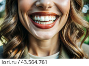 A beautiful, charming, snow-white female smile. A woman's teeth before and after whitening. The concept of dental clinics. Стоковое AI-изображение, AI-художник Photojuli / Фотобанк Лори