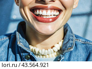 A beautiful, charming, snow-white female smile. A woman's teeth before and after whitening. The concept of dental clinics. Стоковое AI-изображение, AI-художник Photojuli / Фотобанк Лори