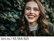 A beautiful, charming, snow-white female smile. A woman's teeth before and after whitening. The concept of dental clinics. Стоковое AI-изображение, AI-художник Photojuli / Фотобанк Лори