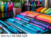 Colorful Pens and Markers Laid Out on a Desk. Стоковое AI-изображение, AI-художник Сергей Толмачёв / Фотобанк Лори