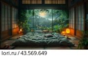 Tranquil Japanese Bedroom With Futon Bed and Lush Green Garden View. Стоковое AI-изображение, AI-художник Сергей Толмачёв / Фотобанк Лори