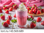 Refreshing strawberry milkshake with whipped cream and a straw on the table surrounded by fresh strawberries. Стоковое AI-изображение, AI-художник Photojuli / Фотобанк Лори
