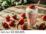 Refreshing strawberry milkshake with whipped cream and a straw on the table surrounded by fresh strawberries. Стоковое AI-изображение, AI-художник Photojuli / Фотобанк Лори