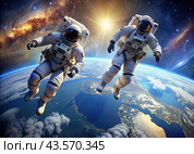 Happy Cosmonautics Day. Astronauts in a spacesuit in outer space. Spectacular view of the planet Earth. Стоковое AI-изображение, AI-художник Photojuli / Фотобанк Лори